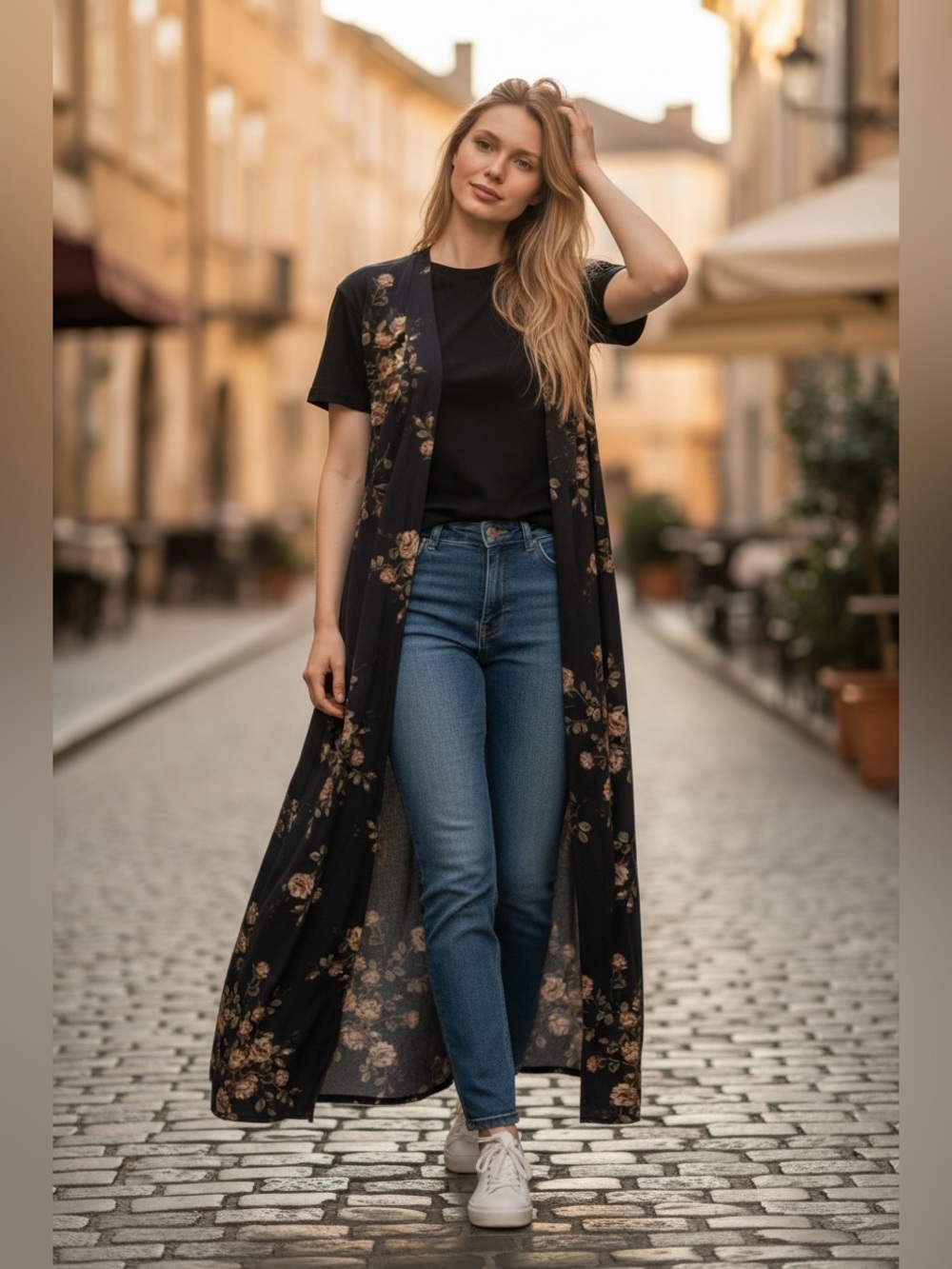 LULAROE women's long cover up in navy blue with beautiful floral design in Sz L.